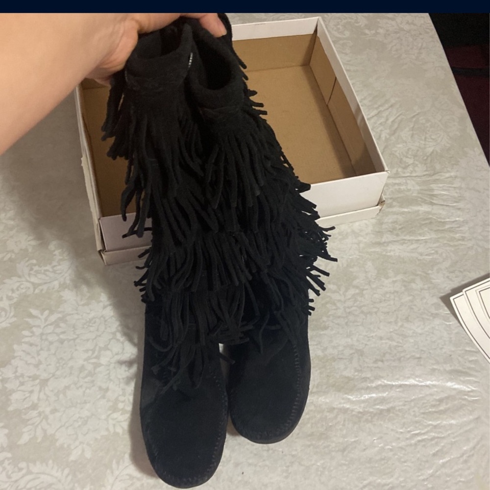 Black Minnetonka Fringe boots